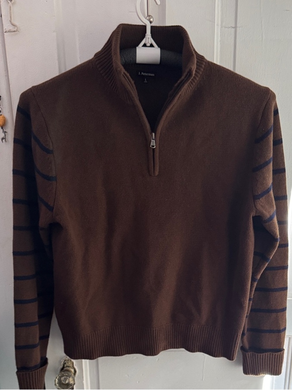 J. Peterman Brown 100% Merino Wool Quarter-Zip Sweater with Navy Stripes